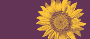 Purple banner with yellow sunflower design on the right and pink brain design on the left